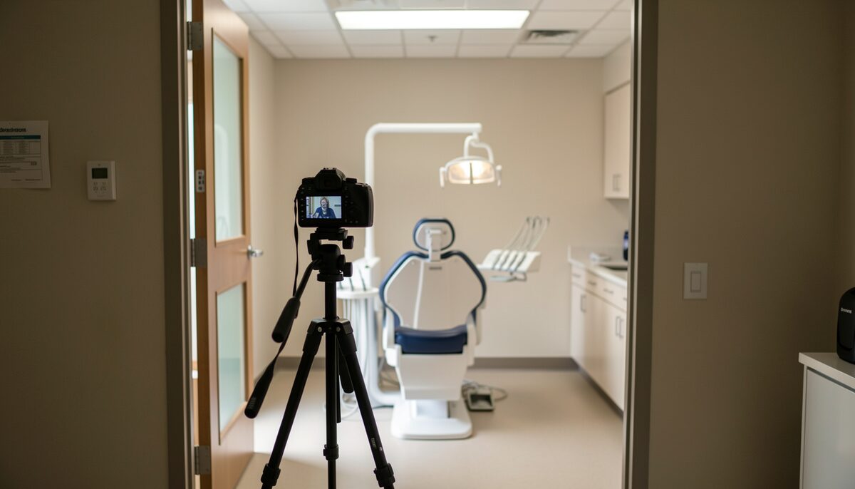 A camera on a tripod stands in a treatment room doorway, framing an empty dental chair under mixed daylight and ceiling light from behind the camera position.