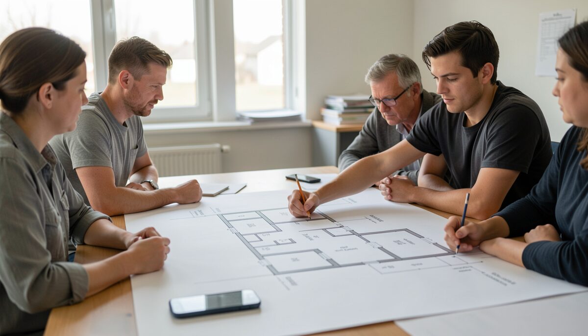 A project team seated around a table with a large floor plan, one person tracing a corridor with a pencil while the others watch in warm interior light.