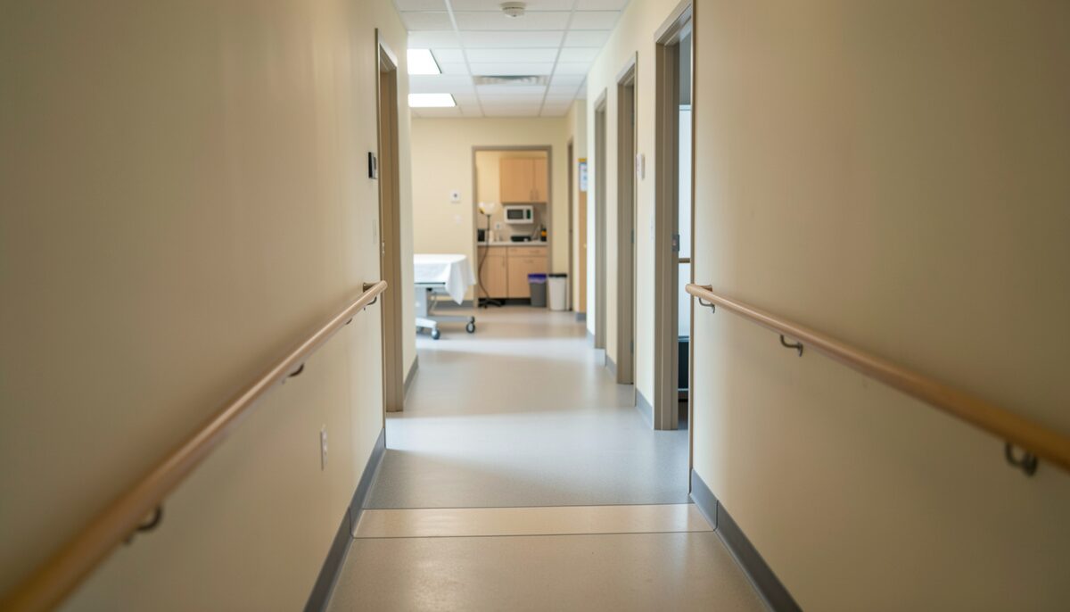A wide doorway with a level threshold between a corridor and a treatment room, a handrail visible along the wall and daylight from the room beyond.