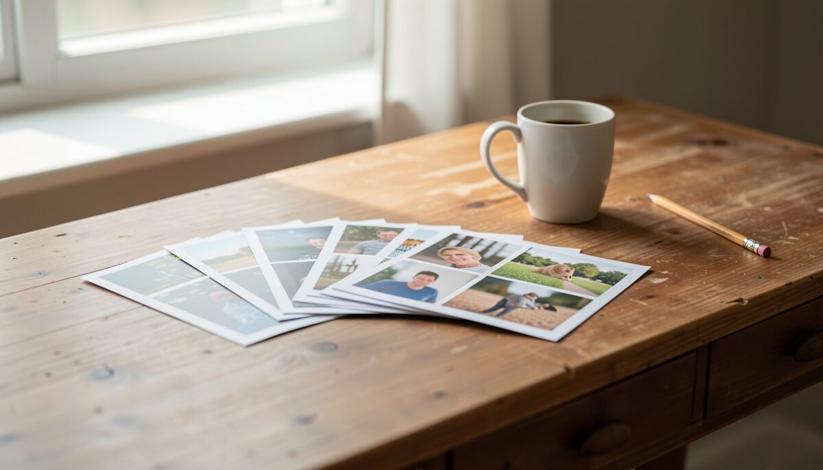 A shallow stack of printed clinic exterior photographs on a desk beside a closed notebook and a pen, lit by soft window light from the left.