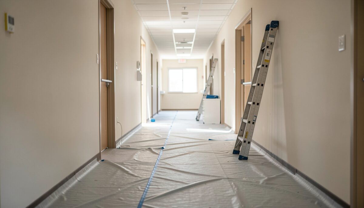 A nearly finished clinical corridor with protective floor covering still down and a ladder against one wall, daylight entering from a doorway at the far end.