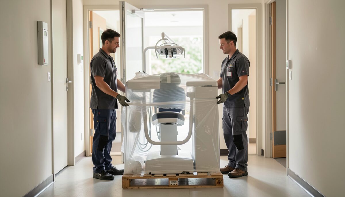 Two workers in a corridor guide a pallet carrying a dental unit wrapped in plain protective film toward a doorway, floor protection underfoot and ceiling light above.