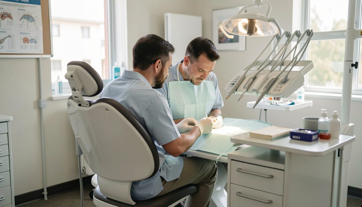 A dentist seated on a stool at a treatment chair with an assistant beside, both leaning toward the working area, equipment arm above and cabinets behind.
