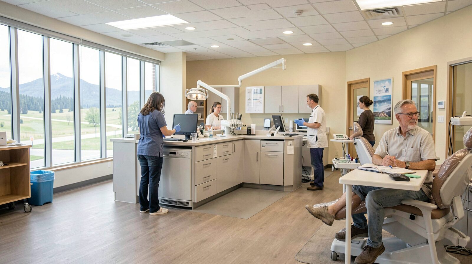 Wide documentary view of a dental office under construction from the corridor doorway, pale cabinetry along one wall, bare ceiling services overhead, grey floor protection and soft daylight across the working area.