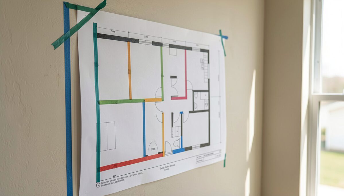 A measured floor plan taped to a wall with coloured tape marking corridors and room boundaries, a pencil resting on the paper in flat daylight.