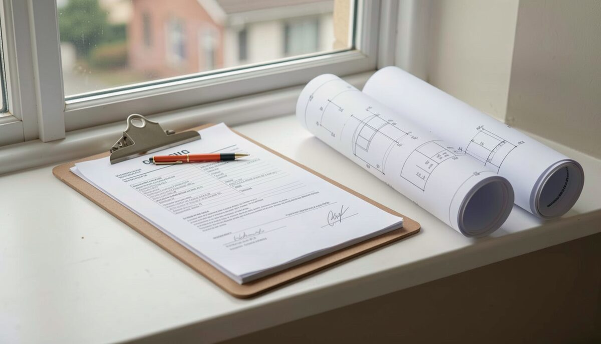 A clipboard of permit paperwork resting on a windowsill beside a rolled set of stamped drawings, photographed close in soft daylight from the window.