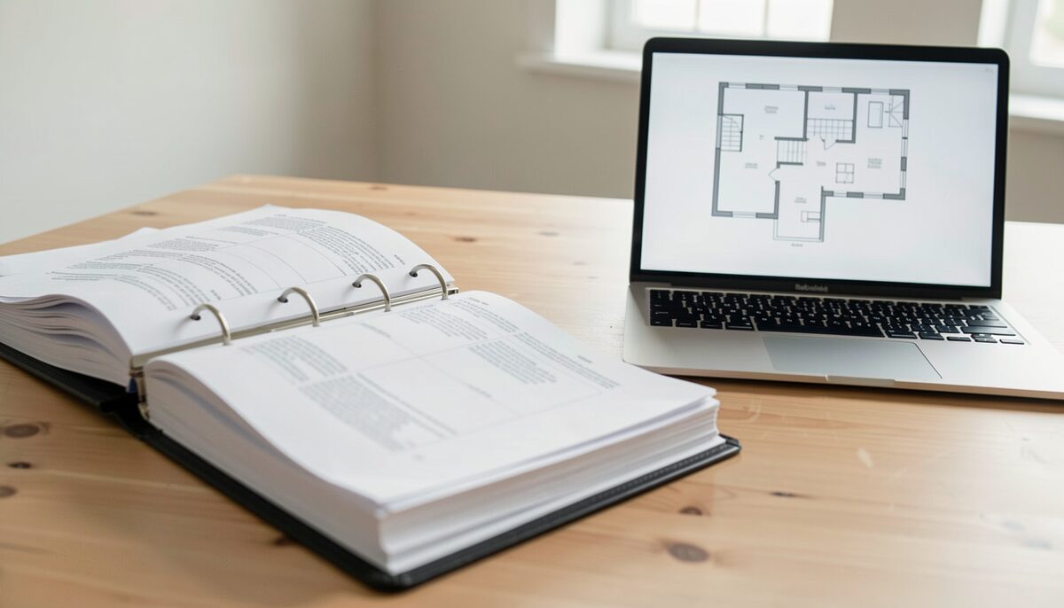 A binder of printed project sheets lies open on a table beside a laptop showing a floor plan drawing, photographed slightly from the side in window light.