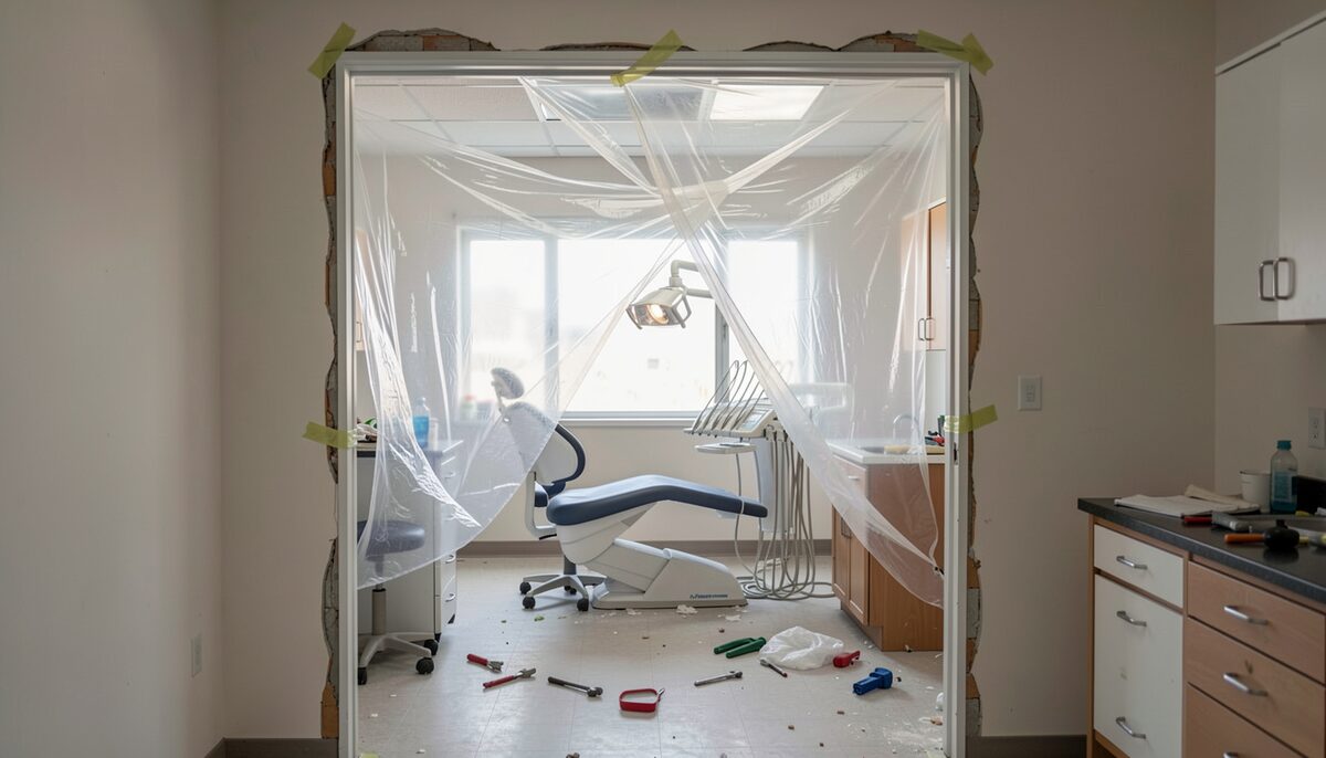 A half-demolished dental operatory with plastic sheeting taped across a doorway and tools on the floor, daylight entering from the corridor behind the camera.