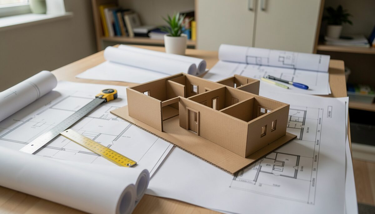 A wide desk covered with rolled drawings, a scale ruler and a cardboard massing model of a small clinic floor, photographed from above in even daylight.
