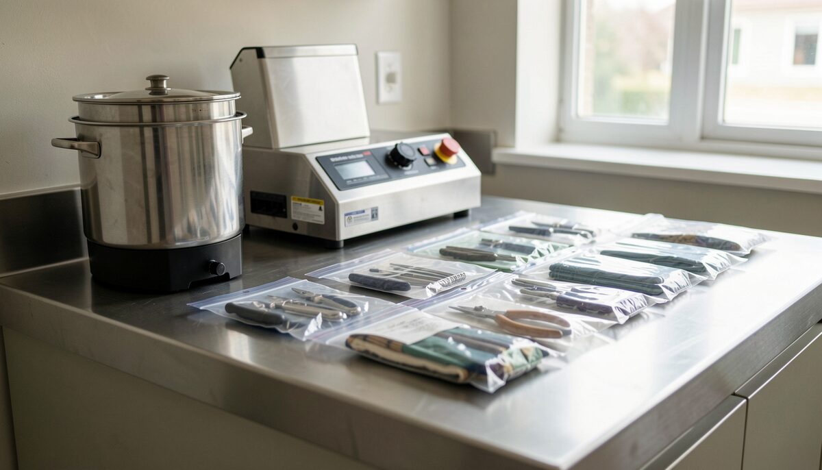 A stainless steel counter with an autoclave and sealed instrument pouches arranged in a neat row, pale laminate fronts below and daylight across the metal.