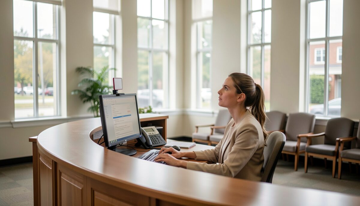 A receptionist at a curved front desk looks up from a monitor toward an open waiting area, tall windows behind the seating and daylight falling across the counter surface.