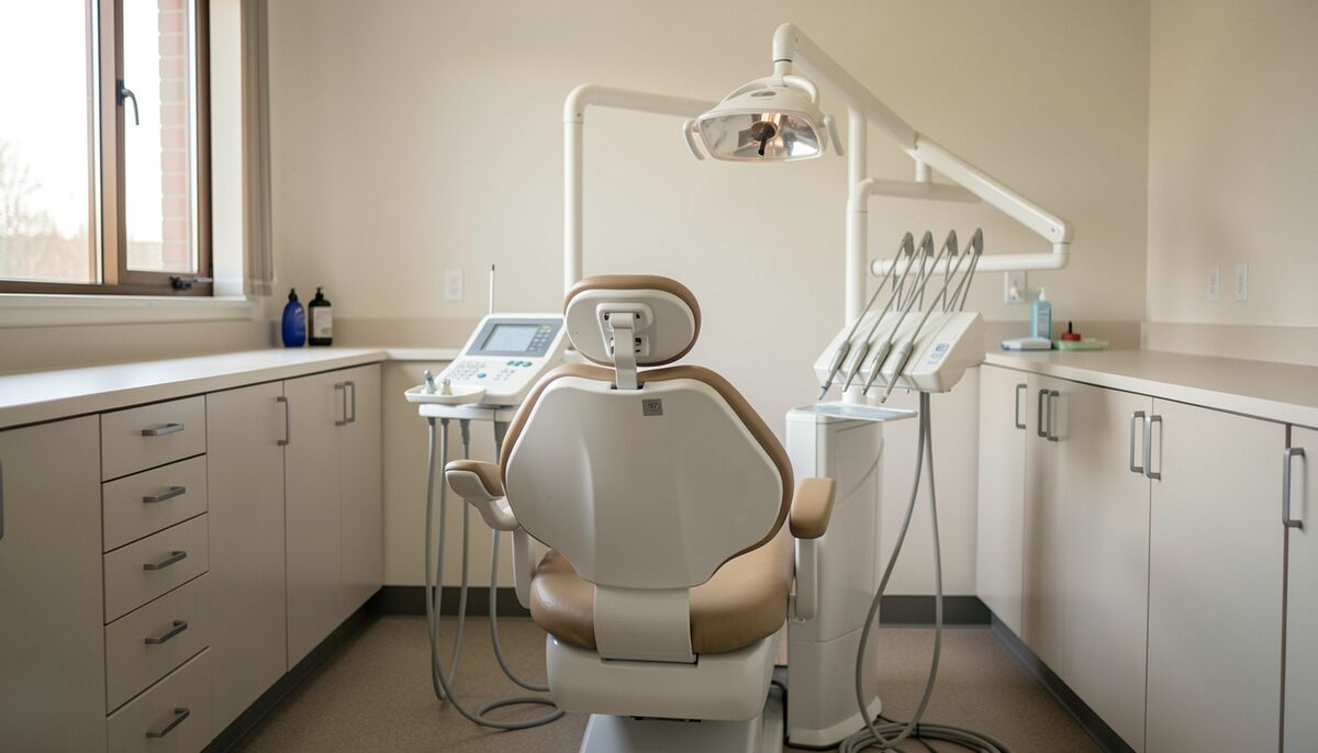 A dental chair centred in a treatment room with an equipment arm folded back and cabinets along one wall, photographed from the doorway in even light.