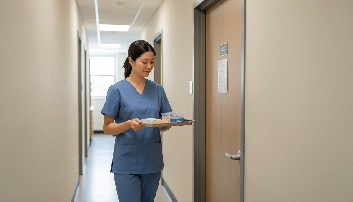 A staff member in scrubs carrying a tray through a corridor past a closed operatory door, photographed from behind in even ceiling light.